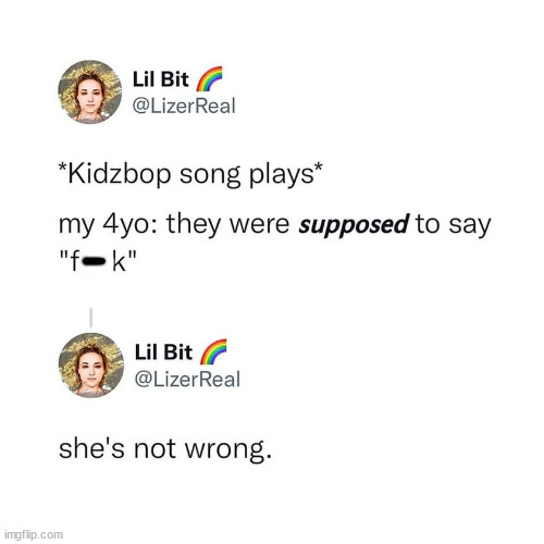 funny pics and memes - Lil Bit Kidzbop song plays my 4yo they were supposed to say "ok" Lil Bitc Real she's not wrong. imgflip.com