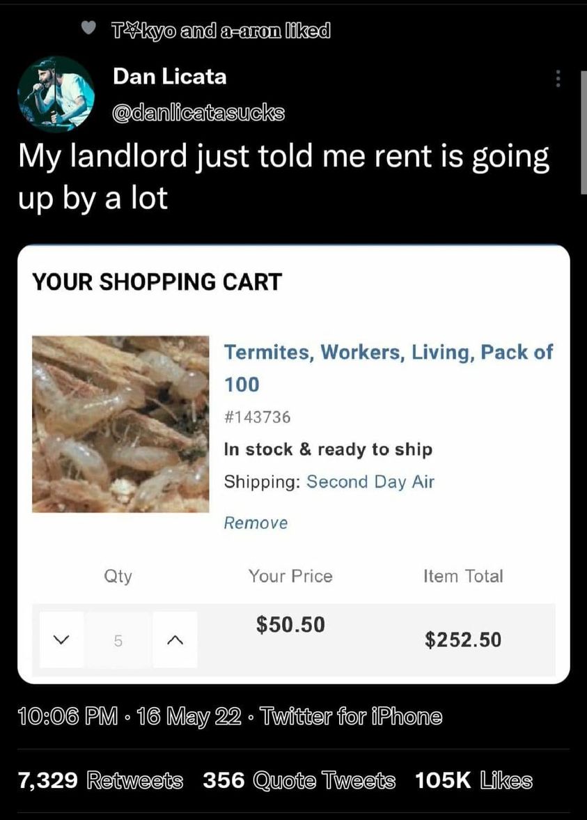 funny pics - screenshot - Tkyo and aaron d Dan Licata My landlord just told me rent is going up by a lot Your Shopping Cart Termites, Workers, Living, Pack of 100 In stock & ready to ship Shipping Second Day Air Remove Qty Your Price $50.50 5 16 May 22 Tw
