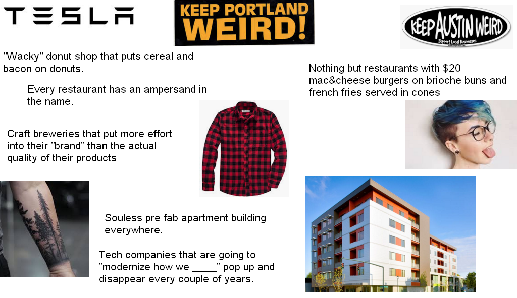 funny pics - weird starter pack - Tesla "Wacky" donut shop that puts cereal and bacon on donuts. Every restaurant has an ampersand in the name. Keep Portland Weird! Craft breweries that put more effort into their "brand" than the actual quality of their p