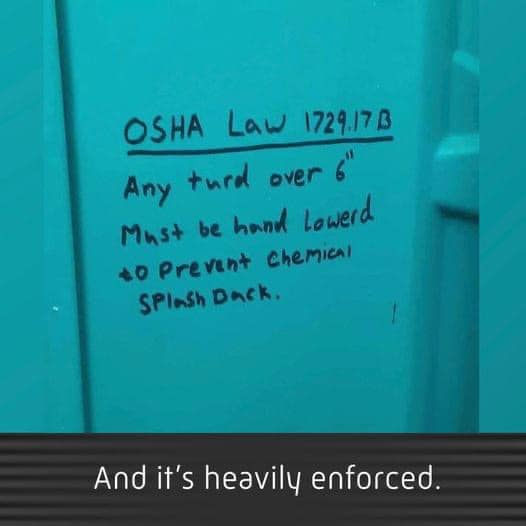 funny memes and pics - osha law 1729.17 b - Osha Law 1729.17 B Any turd over 6 Must be hand lowerd to Prevent Chemical Splash Dack. And it's heavily enforced.