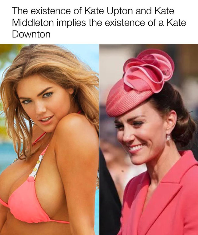 funny memes and pics - kate middleton garden party - The existence of Kate Upton and Kate Middleton implies the existence of a Kate Downton