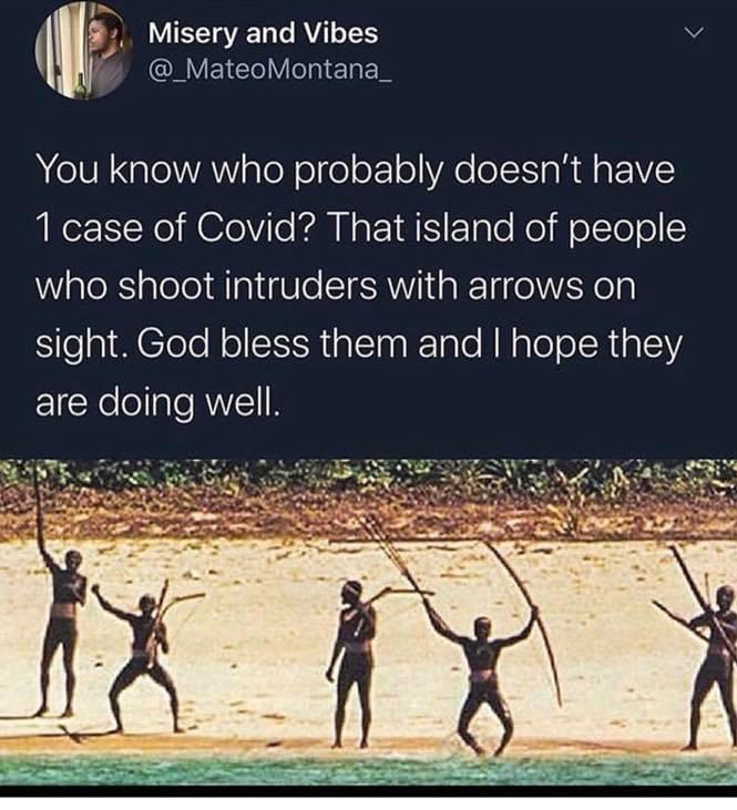 cool random pics - cool pics and memes north sentinel island meme - Misery and Vibes You know who probably doesn't have 1 case of Covid? That island of people who shoot intruders with arrows on sight. God bless them and I hope they are doing well.