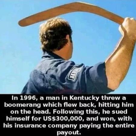 funny pics and randoms  - photo caption - In 1996, a man in Kentucky threw a boomerang which flew back, hitting him on the head. ing this, he sued himself for Us$300,000, and won, with his insurance company paying the entire payout.