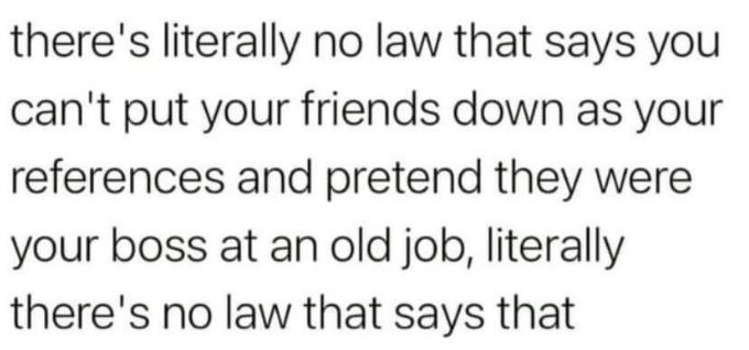 funny pics and randoms  - not perfect quotes - there's literally no law that says you can't put your friends down as your references and pretend they were your boss at an old job, literally there's no law that says that