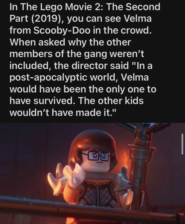 monday morning randomness - photo caption - In The Lego Movie 2 The Second Part 2019, you can see Velma from ScoobyDoo in the crowd. When asked why the other members of the gang weren't included, the director said "In a postapocalyptic world, Velma would 