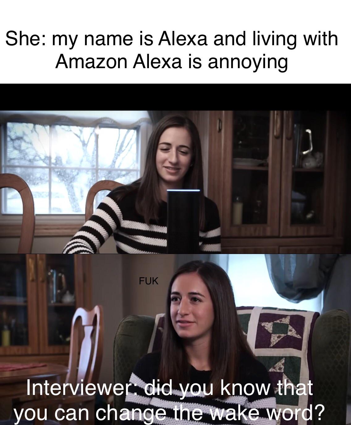 funny memes and random tweets - photo caption - She my name is Alexa and living with Amazon Alexa is annoying Fuk Interviewer did you know that you can change the wake word?