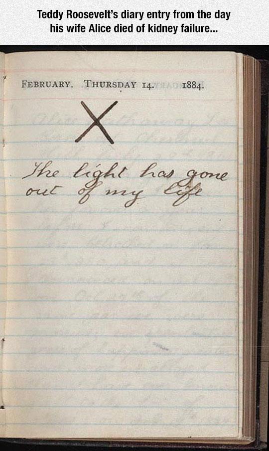 funny memes and random tweets - teddy roosevelt light has gone - Teddy Roosevelt's diary entry from the day his wife Alice died of kidney failure... February, Thursday 14. 1884. X The light has gone out of my