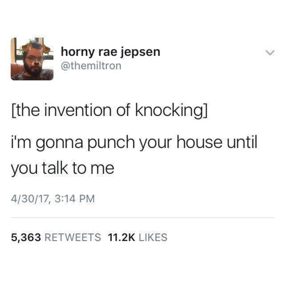 funny memes and pics - mental breakdown memes - horny rae jepsen the invention of knocking I'm gonna punch your house until you talk to me 43017, 5,363 >