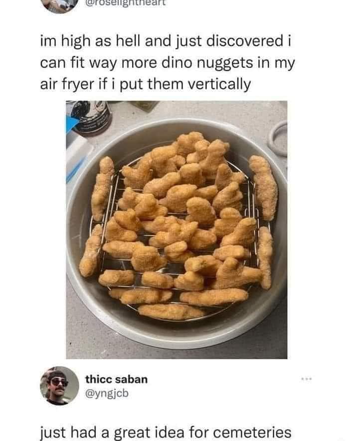 daily dose of randoms - air fryer dino nuggets meme - theart im high as hell and just discovered i can fit way more dino nuggets in my air fryer if i put them vertically thicc saban just had a great idea for cemeteries
