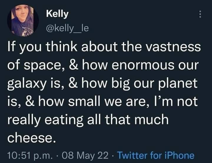 daily dose of randoms - presentation - Kelly If you think about the vastness of space, & how enormous our galaxy is, & how big our planet is, & how small we are, I'm not really eating all that much cheese. p.m. 08 May 22 Twitter for iPhone . .