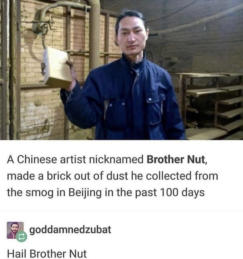 daily dose of randoms - brother nut - A Chinese artist nicknamed Brother Nut, made a brick out of dust he collected from the smog in Beijing in the past 100 days goddamnedzubat Hail Brother Nut