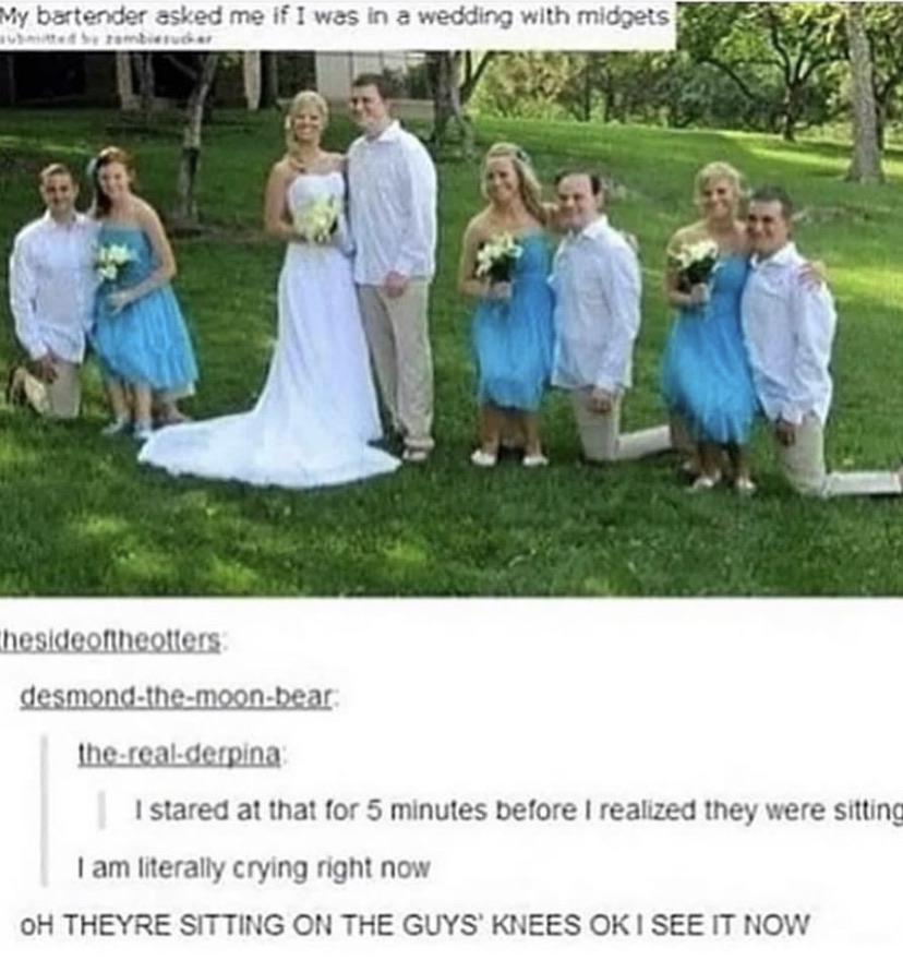 daily does of randoms - dwarf bridesmaids - My bartender asked me if I was in a wedding with midgets submitted by rembierucker thesideoftheotters desmondthemoonbear therealderpina I stared at that for 5 minutes before I realized they were sitting I am lit