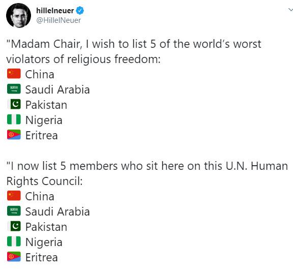 daily does of randoms - document - hillelneuer Neuer "Madam Chair, I wish to list 5 of the world's worst violators of religious freedom China Saudi Arabia Kaya Pakistan Nigeria Eritrea "I now list 5 members who sit here on this U.N. Human Rights Council C