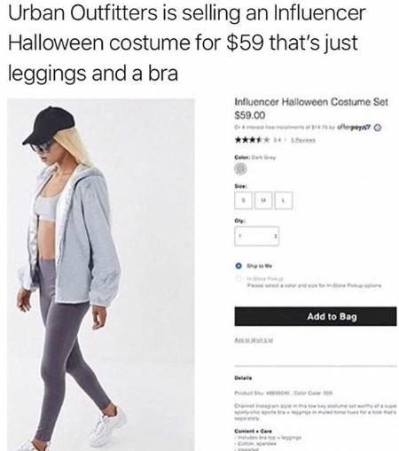 daily does of randoms - urban outfitters halloween costumes - Urban Outfitters is selling an Influencer Halloween costume for $59 that's just leggings and a bra Influencer Halloween Costume Set $59.00 Col Suv Oy Detale Conta K Posp Add to Bag