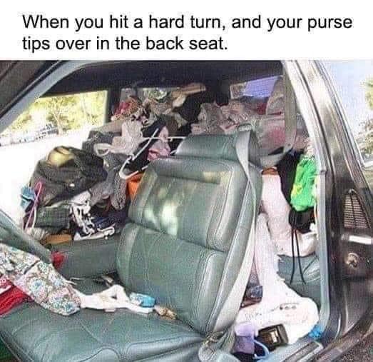 daily dose of randoms - your purse tips over in the back seat - When you hit a hard turn, and your purse tips over in the back seat.