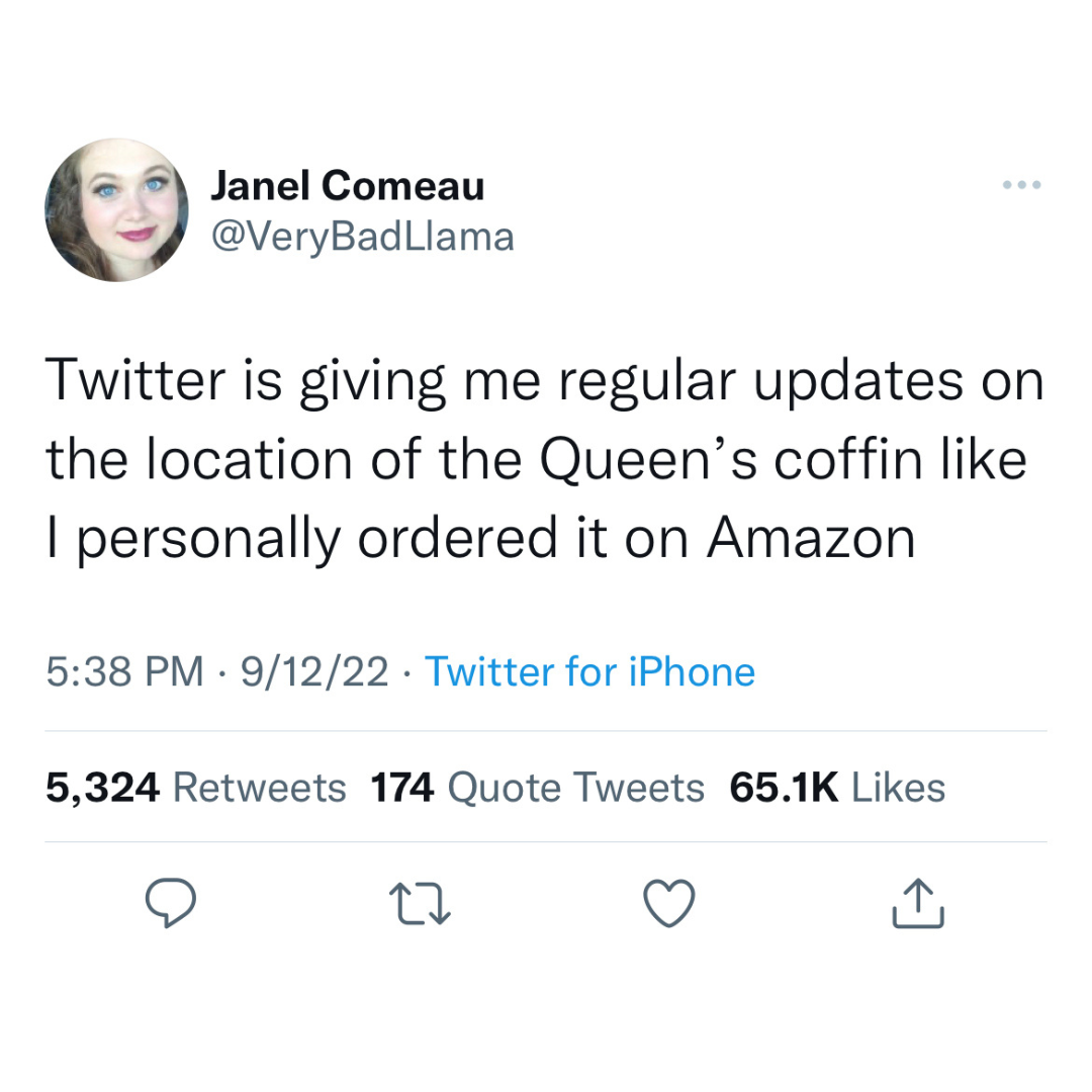 daily dose of randoms - funny - Janel Comeau Twitter is giving me regular updates on the location of the Queen's coffin I personally ordered it on Amazon 91222 Twitter for iPhone 5,324 174 Quote Tweets 27