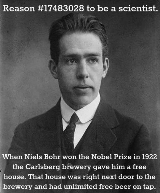 daily dose of randoms - niels bohr - Reason to be a scientist. When Niels Bohr won the Nobel Prize in 1922 the Carlsberg brewery gave him a free house. That house was right next door to the brewery and had unlimited free beer on tap.