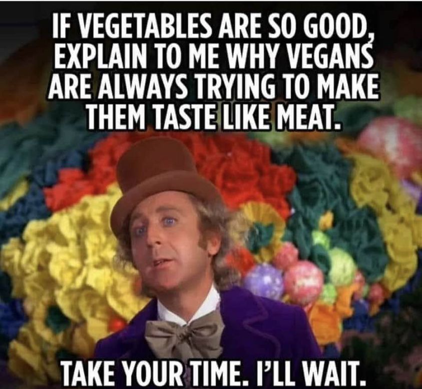 daily dose of randoms - photo caption - If Vegetables Are So Good, Explain To Me Why Vegans Are Always Trying To Make Them Taste Meat. Take Your Time. I'Ll Wait.