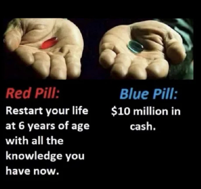 funny memes and pics - hand - Red Pill Restart your life at 6 years of age with all the knowledge you have now. Blue Pill $10 million in cash.