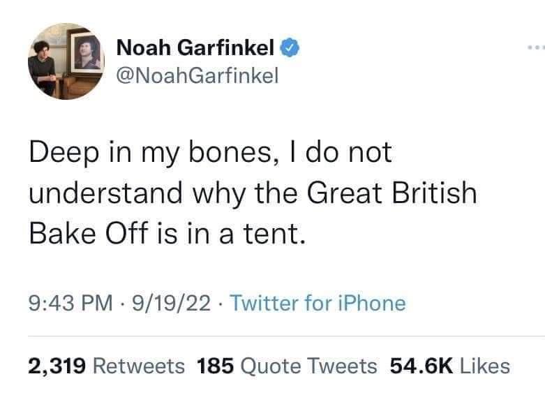 funny memes and pics - n is for the way you nut - Noah Garfinkel Deep in my bones, I do not understand why the Great British Bake Off is in a tent. 91922 Twitter for iPhone 2,319 185 Quote Tweets