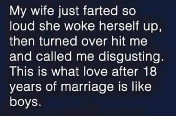funny pics and randoms - Wife - My wife just farted so loud she woke herself up, then turned over hit me and called me disgusting. This is what love after 18 years of marriage is boys.