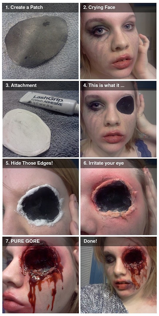 monday morning randomness - Halloween - 1. Create a Patch 3. Attachment LashGrip. Eyelash Adhesive 79e net wt 25 oz 5. Hide Those Edges! 7. Pure Gore 2. Crying Face 4. This is what it ... 6. Irritate your eye Done!