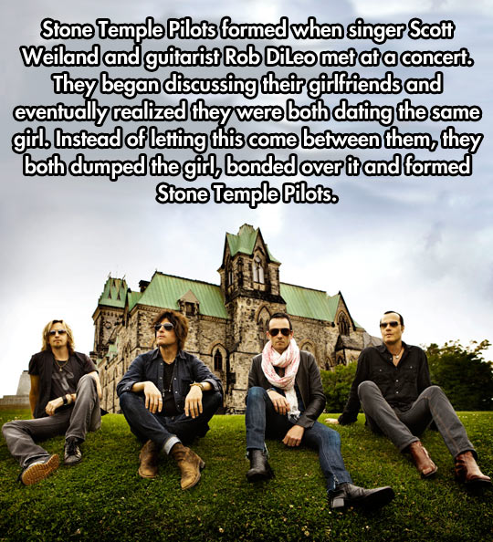 daily dose of randoms -  parliament hill - Stone Temple Pilots formed when singer Scott Weiland and guitarist Rob Dileo met at a concert. They began discussing their girlfriends and eventually realized they were both dating the same girl. Instead of letti