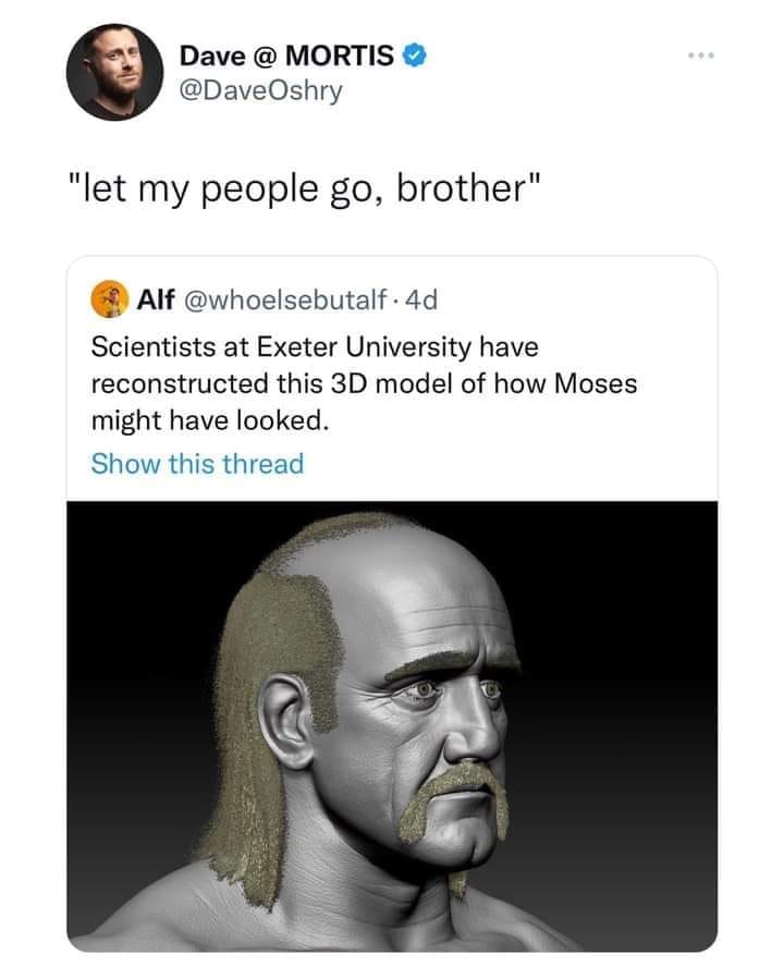 funny memes and pics - head - Dave @ Mortis "let my people go, brother" Alf . 4d Scientists at Exeter University have reconstructed this 3D model of how Moses might have looked. Show this thread