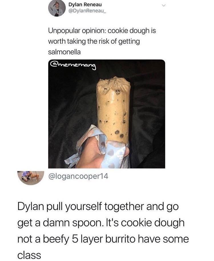 cool random pics and memes - giggle worthy memes - Dylan Reneau Unpopular opinion cookie dough is worth taking the risk of getting salmonella > Dylan pull yourself together and go get a damn spoon. It's cookie dough not a beefy 5 layer burrito have some c
