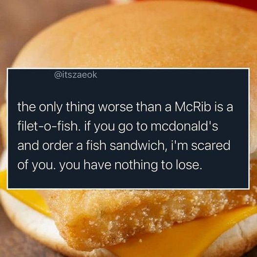 daily dose of pics and memes - junk food - the only thing worse than a McRib is a filetofish. if you go to mcdonald's and order a fish sandwich, i'm scared of you. you have nothing to lose.
