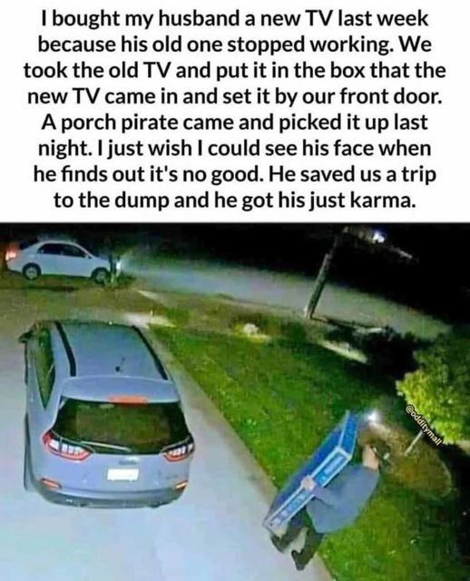 funny pics and memes - grass - I bought my husband a new Tv last week because his old one stopped working. We took the old Tv and put it in the box that the new Tv came in and set it by our front door. A porch pirate came and picked it up last night. I ju