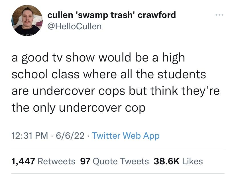 pics and memes daily dose - cullen 'swamp trash' crawford a good tv show would be a high school class where all the students are undercover cops but think they're the only undercover cop 6622 Twitter Web App 1,447 97 Quote Tweets