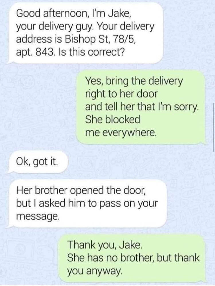 awesome pics and memes - paper - Good afternoon, I'm Jake, your delivery guy. Your delivery address is Bishop St, 785, apt. 843. Is this correct? Yes, bring the delivery right to her door and tell her that I'm sorry. She blocked me everywhere. Ok, got it.