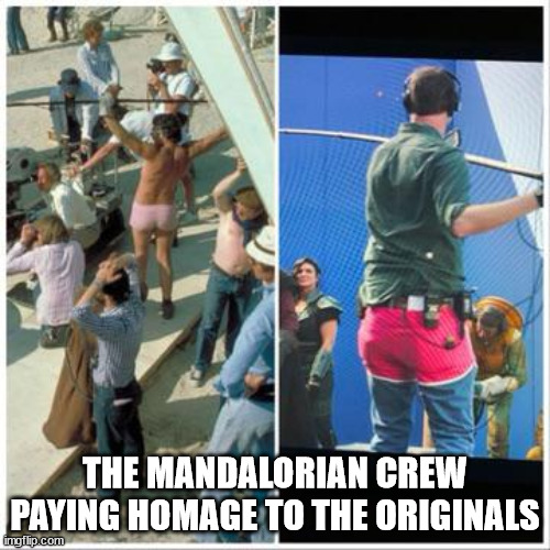 awesome pics and memes - pink shorts sound guy star wars - The Mandalorian Crew Paying Homage To The Originals imgflip.com