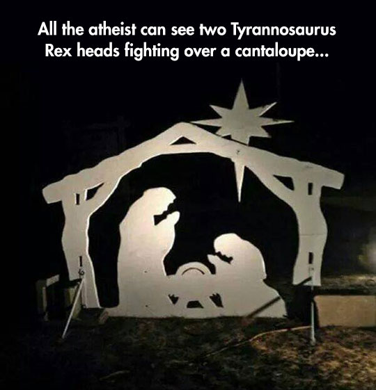 awesome pics and memes - two t rex fighting over a circular saw - All the atheist can see two Tyrannosaurus Rex heads fighting over a cantaloupe...