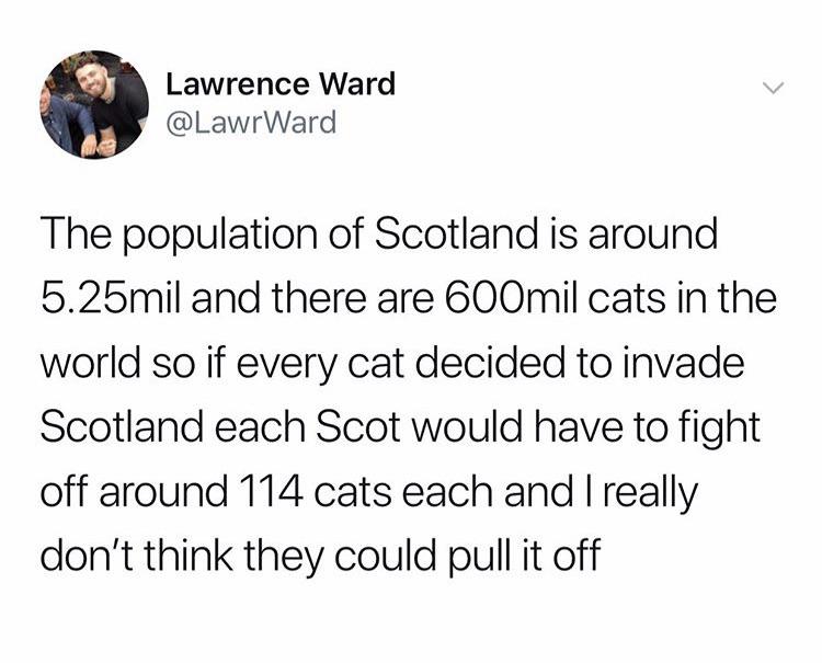 monday morning randomness - cats invade scotland - Lawrence Ward The population of Scotland is around 5.25mil and there are 600mil cats in the world so if every cat decided to invade Scotland each Scot would have to fight off around 114 cats each and I re