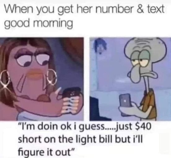 cartoon - When you get her number & text good morning "I'm doin ok i guess......just $40 short on the light bill but i'll figure it out"