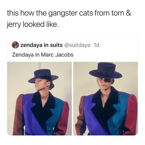 cobalt blue - this how the gangster cats from tom & jerry looked . zendaya in suits Zendaya in Marc Jacobs