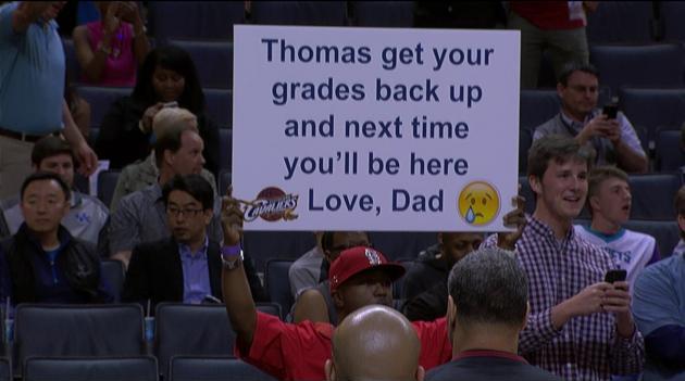 thomas sign nba game dad - Thomas get your grades back up and next time you'll be here Love, Dad