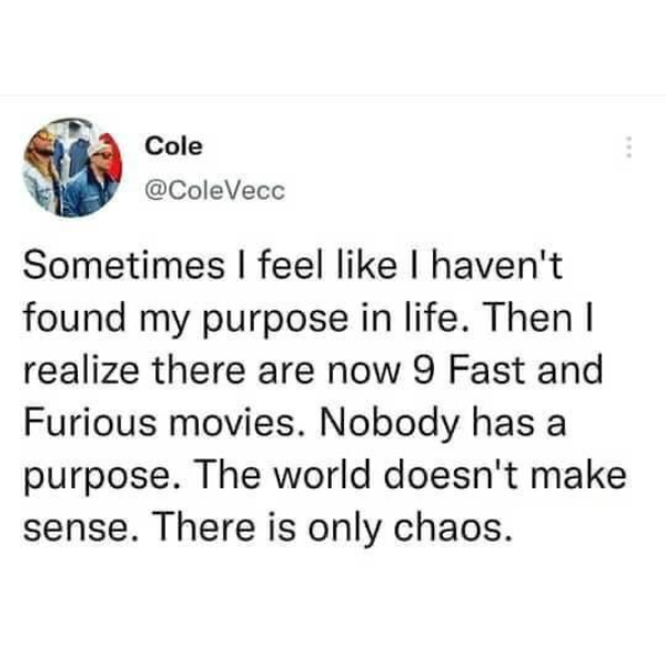 funny random pics and memes - tweet for rainy day - Cole Sometimes I feel I haven't found my purpose in life. Then I realize there are now 9 Fast and Furious movies. Nobody has a purpose. The world doesn't make sense. There is only chaos.