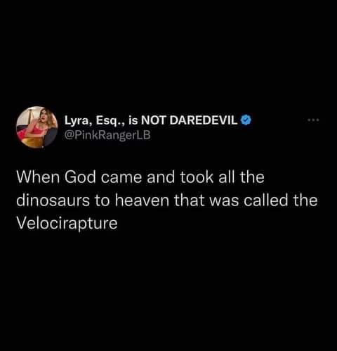 funny random pics and memes - Feminism - Lyra, Esq., is Not Daredevil When God came and took all the dinosaurs to heaven that was called the Velocirapture