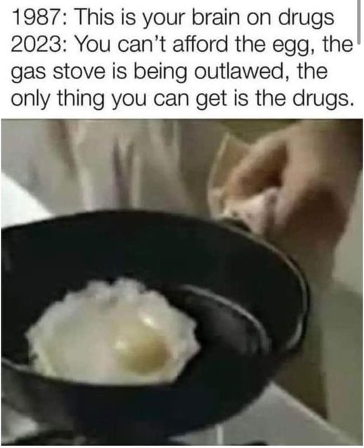 funny randoms and pics - cookware and bakeware - 1987 This is your brain on drugs 2023 You can't afford the egg, the gas stove is being outlawed, the only thing you can get is the drugs.