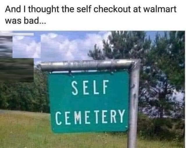 funny and svage memes - grass - And I thought the self checkout at walmart was bad... Self Cemetery