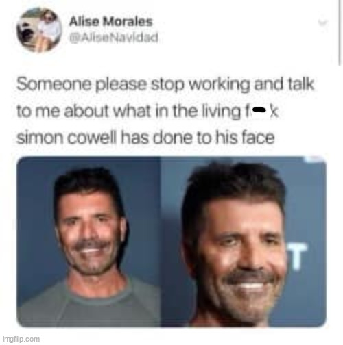 funny and svage memes - simon cowell memes - Alise Morales Someone please stop working and talk to me about what in the living fx simon cowell has done to his face imgflip.com T