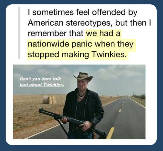tallahassee memes - I sometimes feel offended by American stereotypes, but then I remember that we had a nationwide panic when they stopped making Twinkies. Don't you dare talk bad about Twinkies.