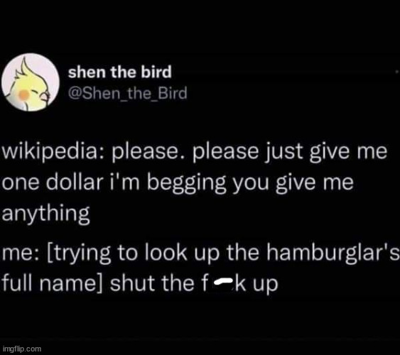 funny pics and memes - Blog - shen the bird wikipedia please. please just give me one dollar i'm begging you give me anything me trying to look up the hamburglar's full name shut the f k up imgflip.com