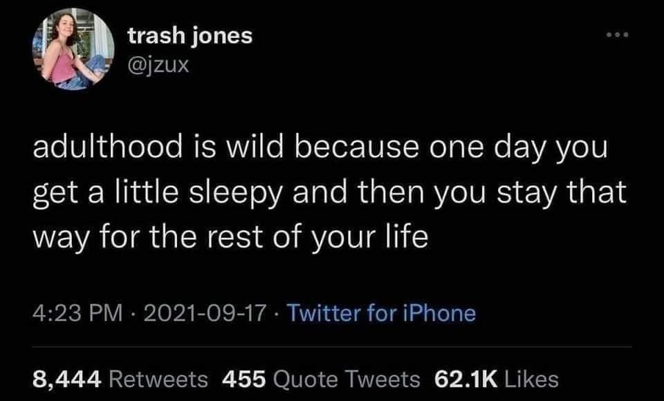 funny pics and memes - trash jones adulthood is wild because one day you get a little sleepy and then you stay that way for the rest of your life Twitter for iPhone 8,444 455 Quote Tweets
