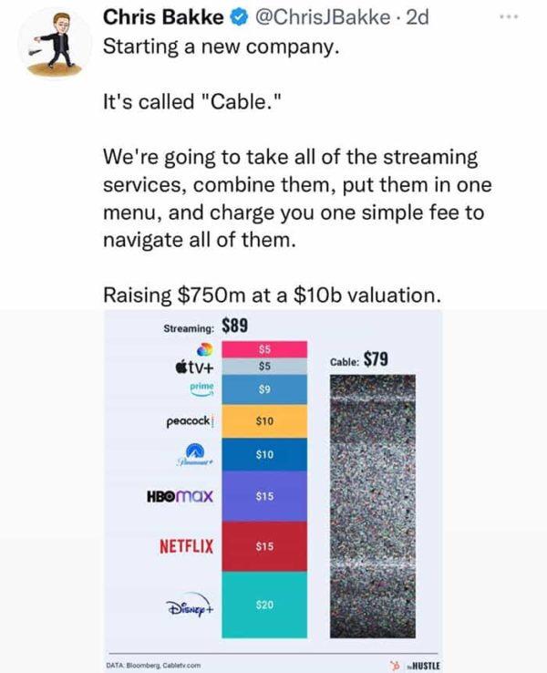 funny pics and memes - streaming services vs cable - Chris Bakke Starting a new company. It's called "Cable." We're going to take all of the streaming services, combine them, put them in one menu, and charge you one simple fee to navigate all of them. Rai