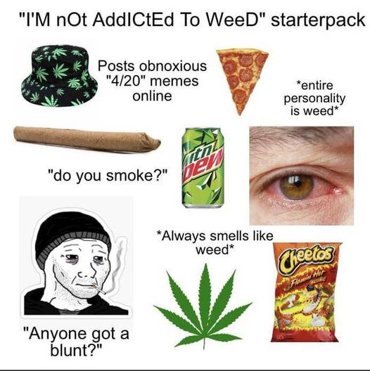 funny memes and pics - i m not addicted meme - "I'M nOt AddICtEd To WeeD" starterpack Posts obnoxious "420" memes online "do you smoke?" "Anyone got a blunt?" ithi Den Always smells weed entire personality is weed Cheetos Flami Hot Gready