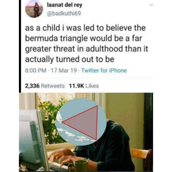 funny memes and pics - angle - laanat del rey as a child i was led to believe the bermuda triangle would be a far greater threat in adulthood than it actually turned out to be 17 Mar 19 Twitter for iPhone 2,336